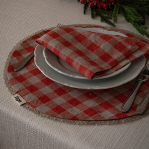 Podkładka na stół z lnu w czerwoną kratę / #2